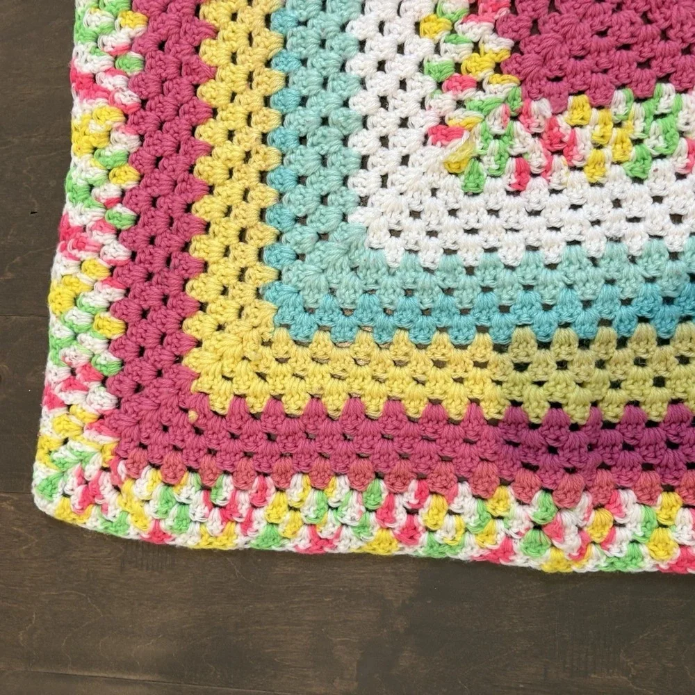 Vintage Granny Square Crochet Baby Blanket Pastel Rainbow‎ Cottagecore 29x30